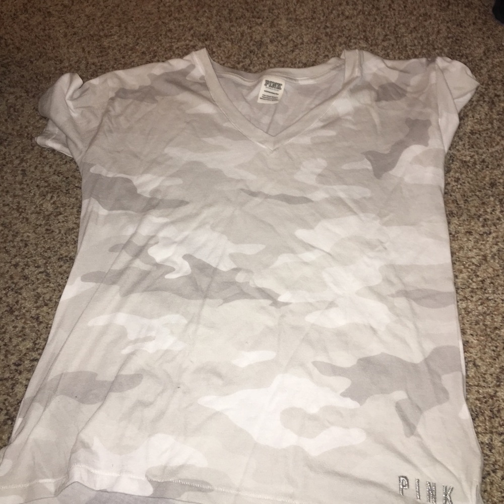 pink t-shirt white and grey camo runs bigger